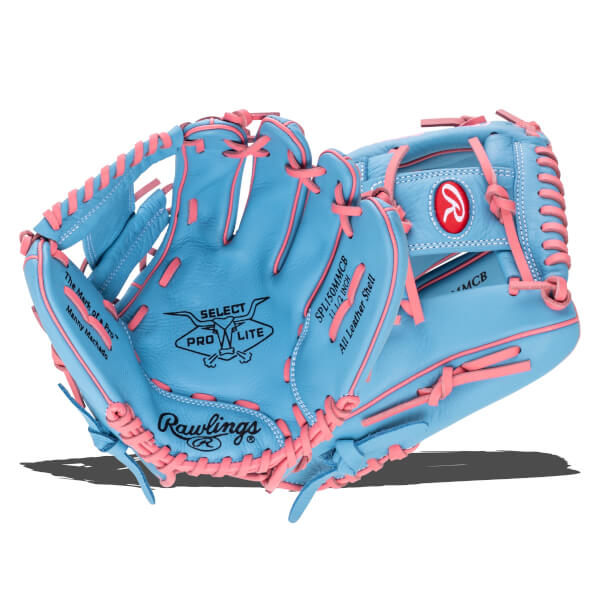 Front view of a light blue baseball glove with pink lacing, showing the Rawlings logo and "SELECT PRO LITE" text.
