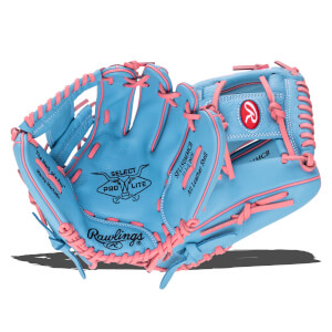 Front view of a light blue baseball glove with pink lacing, showing the Rawlings logo and "SELECT PRO LITE" text.