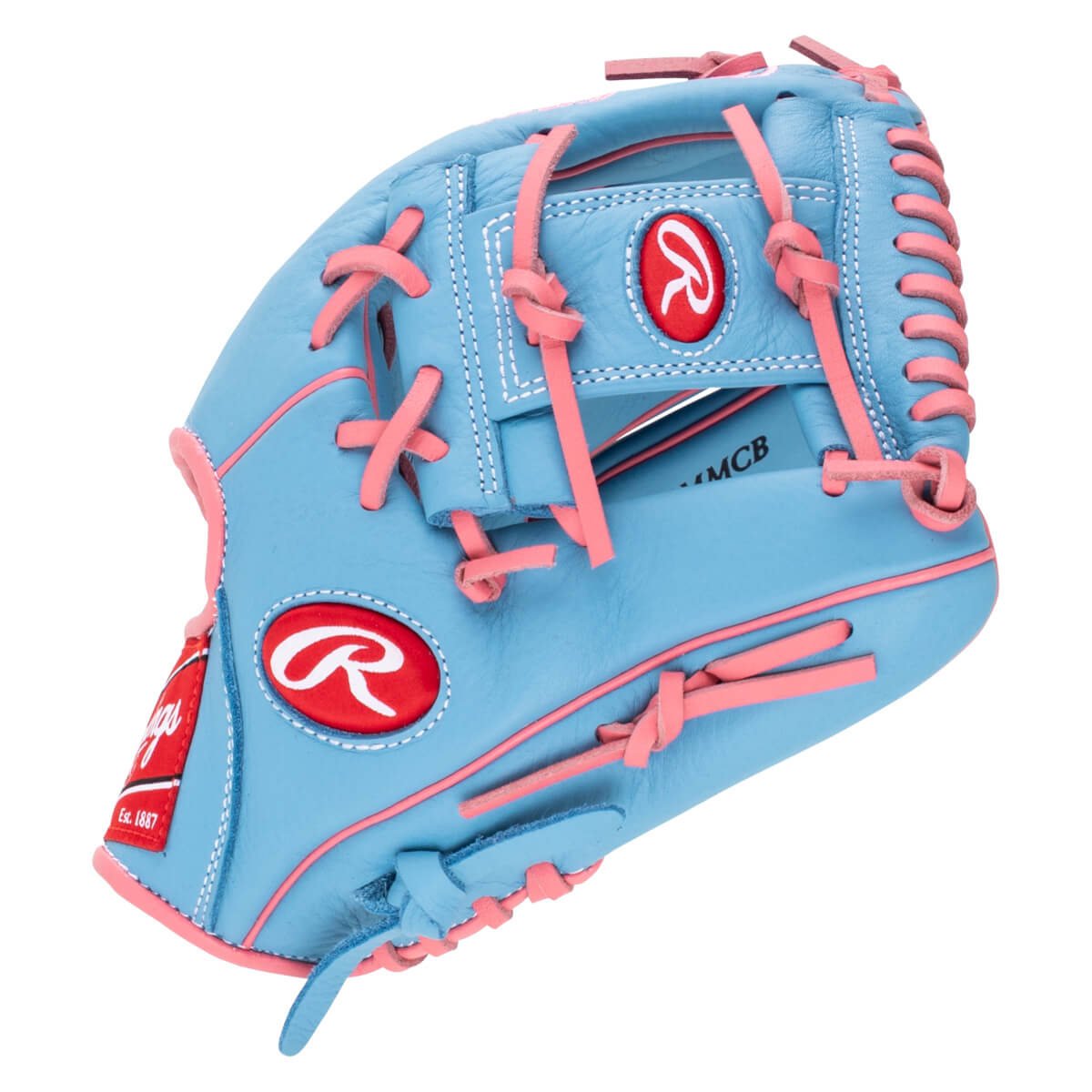 Side view of a light blue baseball glove with pink lacing and Rawlings logos.