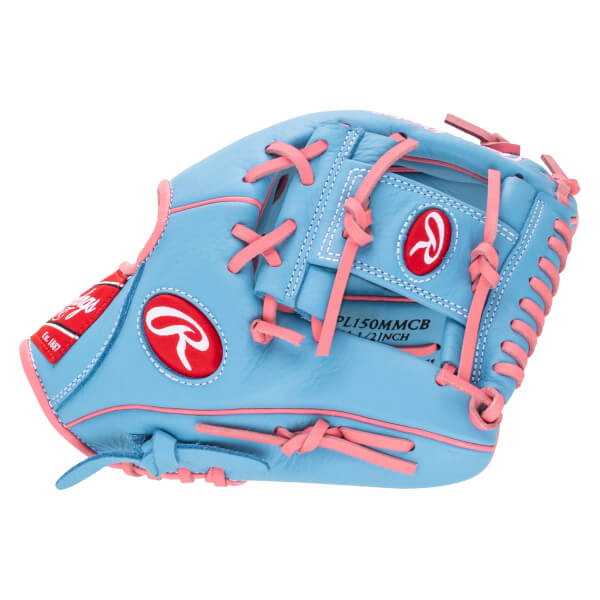 Top-down view of a blue baseball glove with pink lacing and red Rawlings logos.