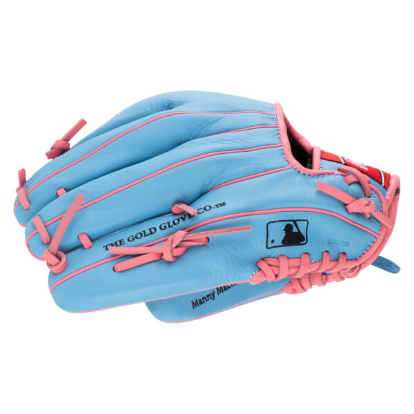 Side view of a light blue baseball glove with pink lacing, featuring the MLB logo and "THE GOLD GLOVE CO.â„¢" text.