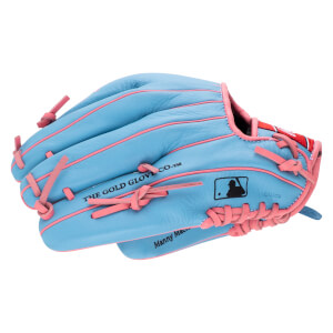 Side view of a light blue baseball glove with pink lacing, featuring the MLB logo and "THE GOLD GLOVE CO.â„¢" text.