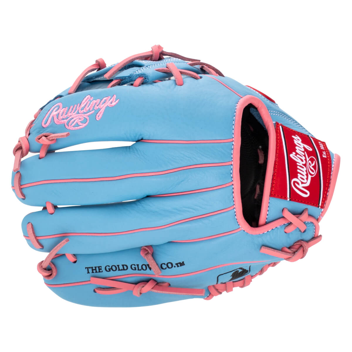 Front view of a light blue baseball glove with pink lacing and trim, featuring a red Rawlings logo patch.