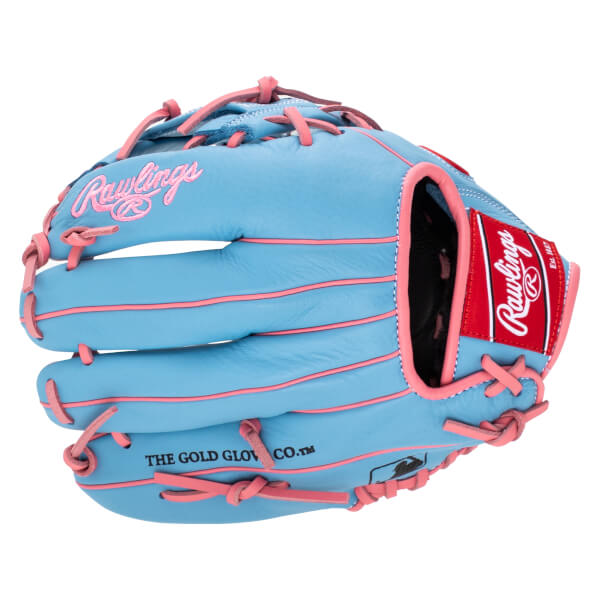 Front view of a light blue baseball glove with pink lacing and trim, featuring a red Rawlings logo patch.