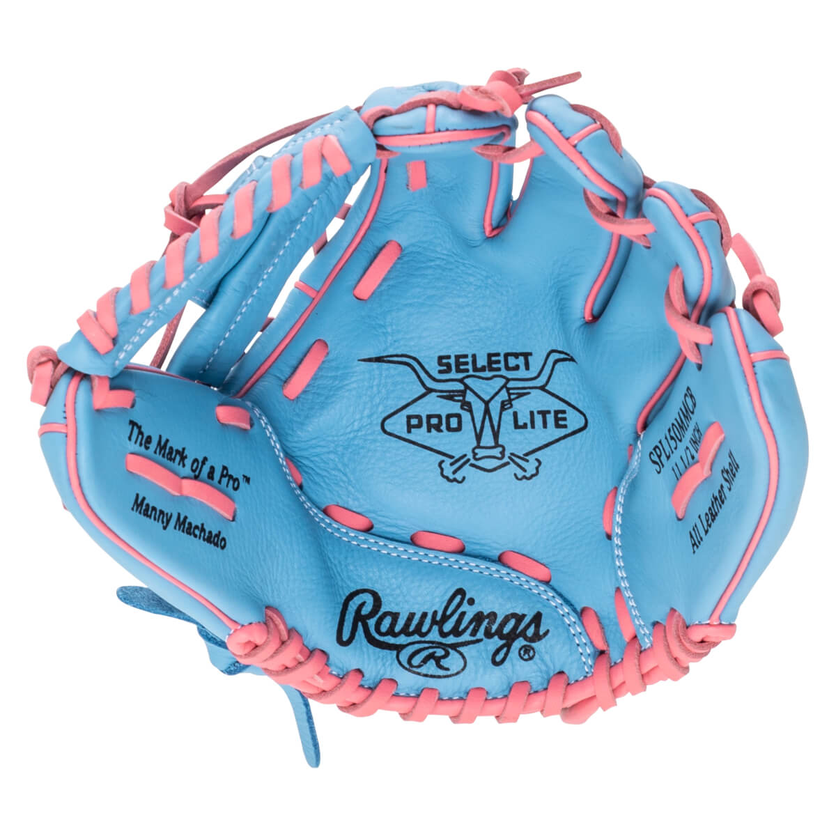 Top-down view of a blue baseball glove with pink lacing, featuring "Rawlings" and "SELECT PRO LITE" logos.
