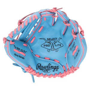 Top-down view of a blue baseball glove with pink lacing, featuring "Rawlings" and "SELECT PRO LITE" logos.