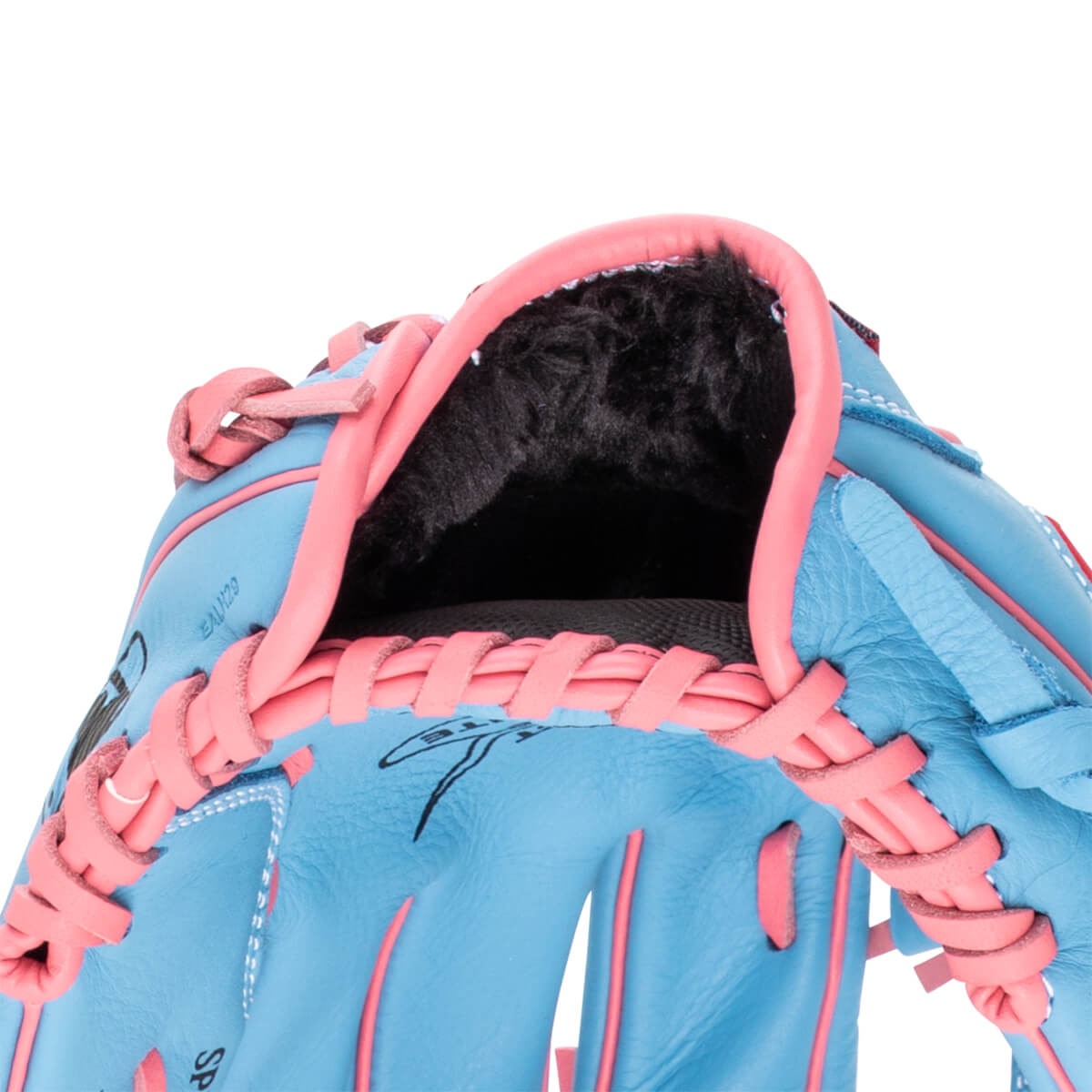Close-up of a blue baseball glove with pink lacing and black fur lining.