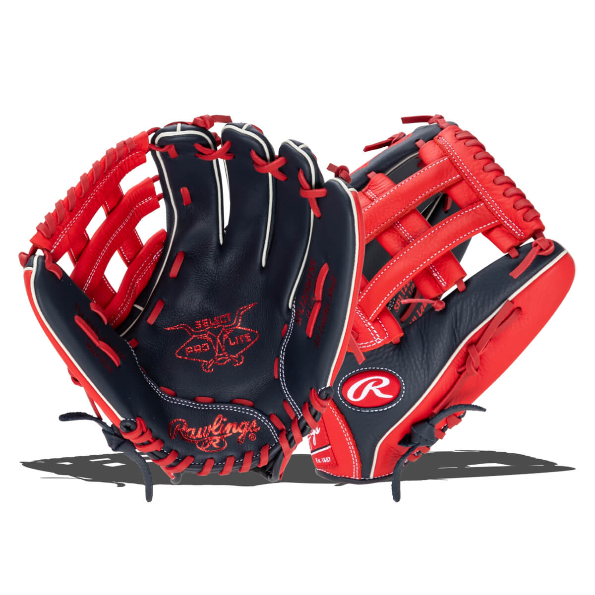 Front view of a navy and red Rawlings baseball glove with white stitching and the Rawlings R logo.
