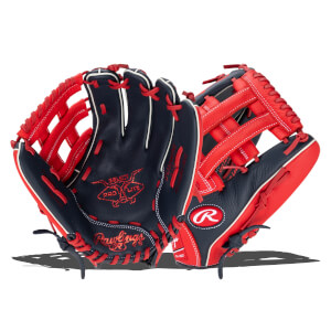 Front view of a navy and red Rawlings baseball glove with white stitching and the Rawlings R logo.