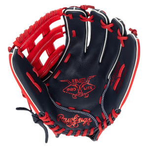 Top-down view of a navy and red Rawlings baseball glove with "SELECT PRO LITE" and "Rawlings" logos.