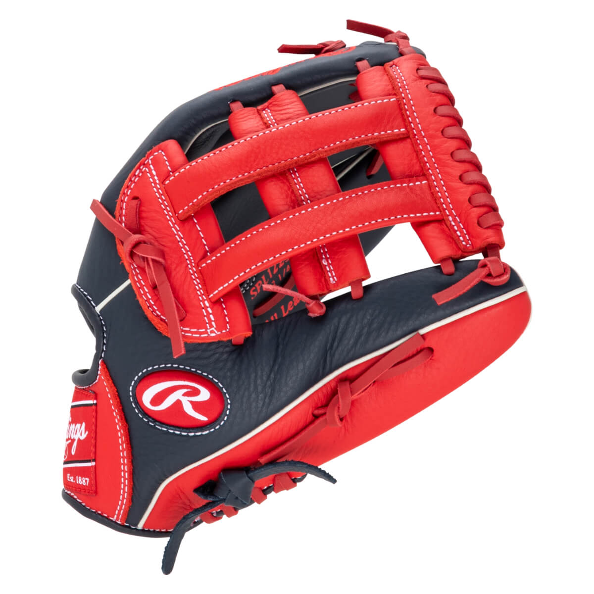 Side view of a navy and red Rawlings baseball glove with white stitching and a red "R" logo.