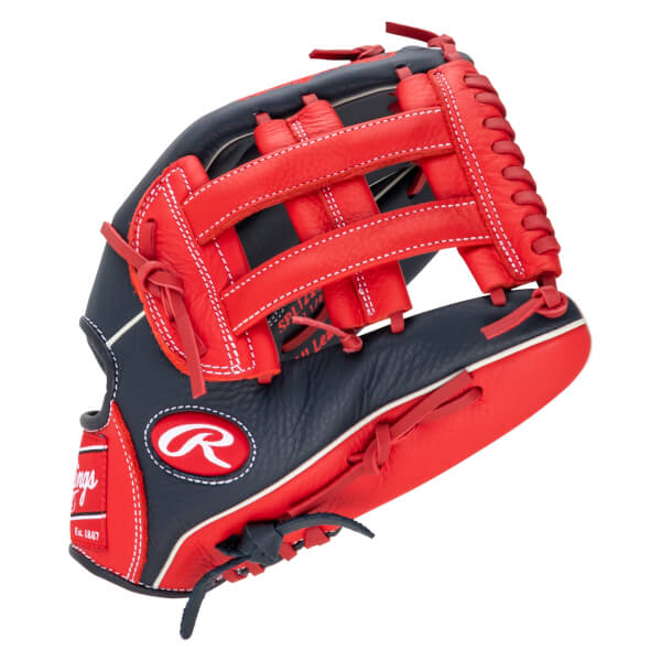 Side view of a navy and red Rawlings baseball glove with white stitching and a red "R" logo.