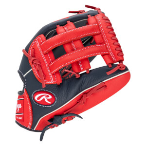 Side view of a navy and red Rawlings baseball glove with white stitching and a red "R" logo.