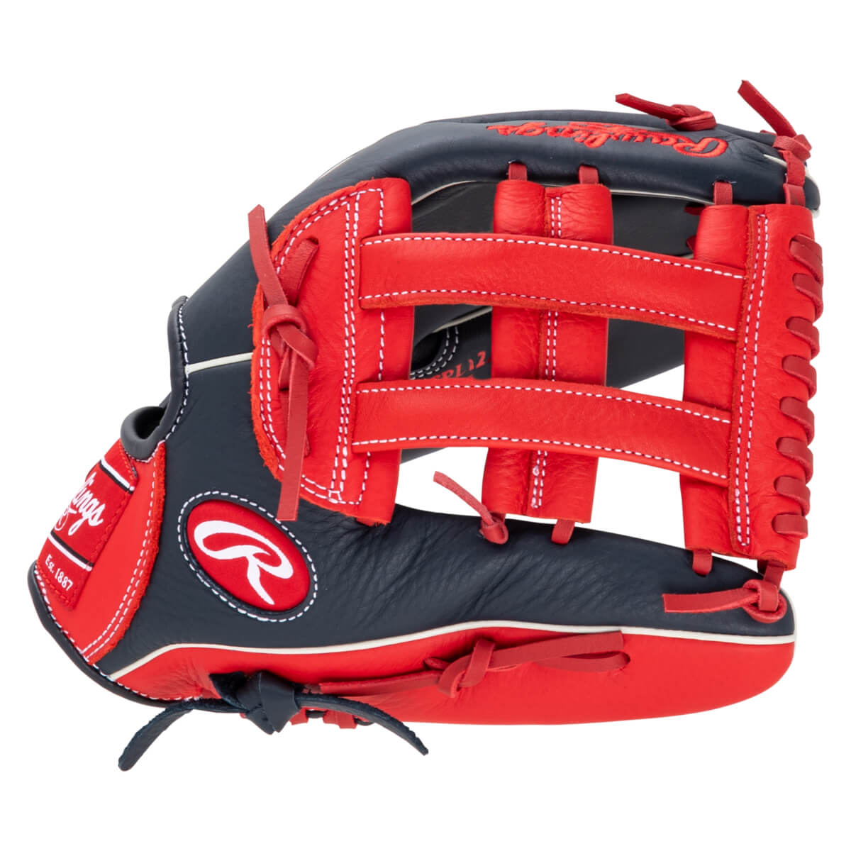 Side view of a navy and red Rawlings baseball glove with white stitching and a red "R" logo.