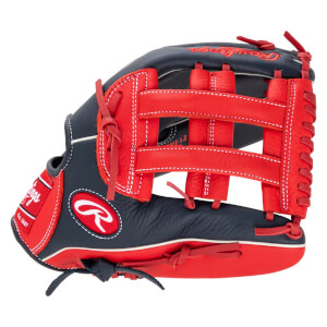 Side view of a navy and red Rawlings baseball glove with white stitching and a red "R" logo.