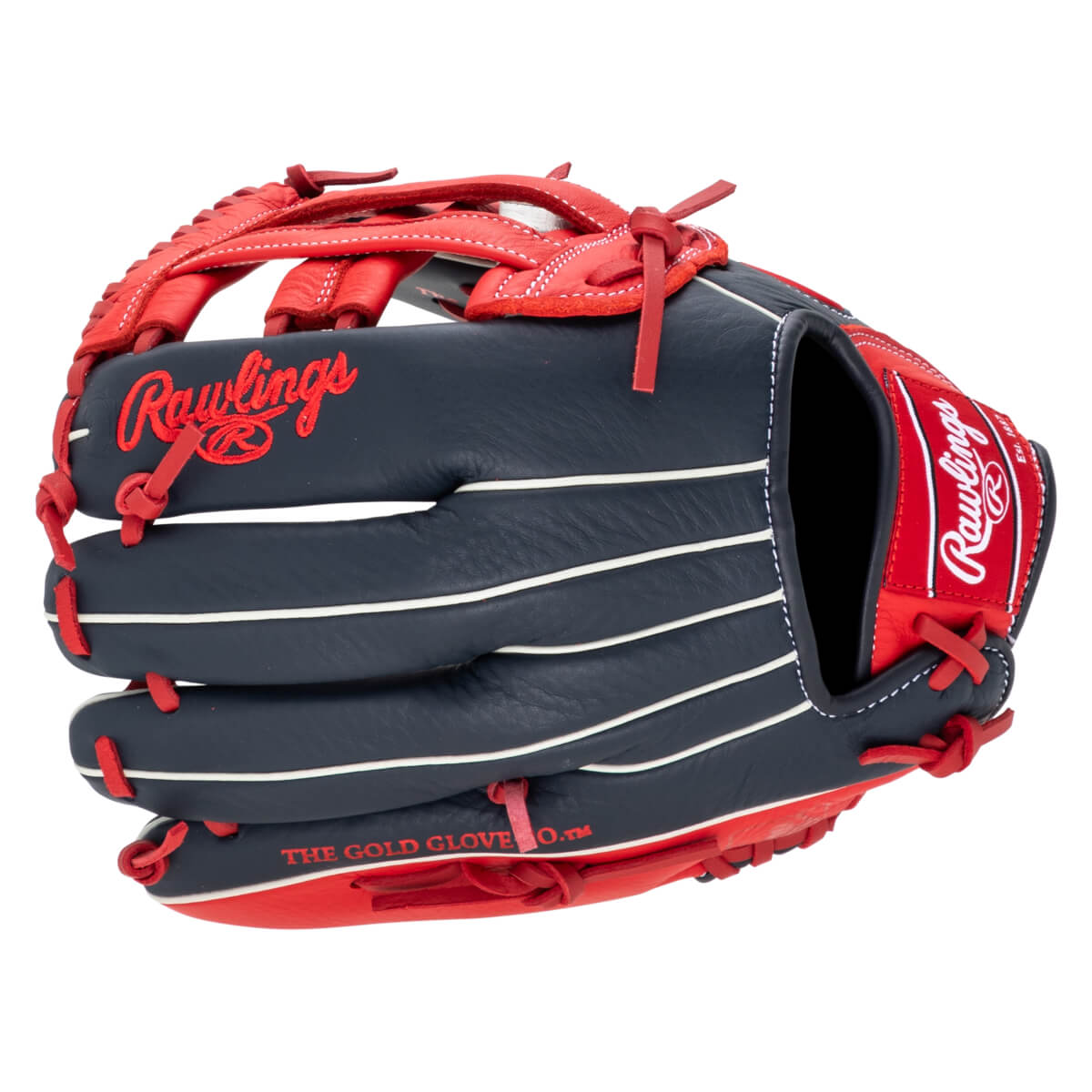Front view of a navy and red Rawlings baseball glove with white stitching and "THE GOLD GLOVE CO.â„¢" text.