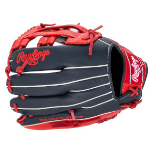 Front view of a navy and red Rawlings baseball glove with white stitching and "THE GOLD GLOVE CO.â„¢" text.