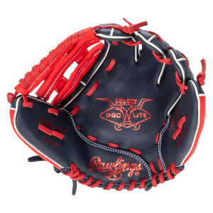 Top-down view of a navy and red Rawlings baseball glove with "SELECT PRO LITE" and "Rawlings" logos.