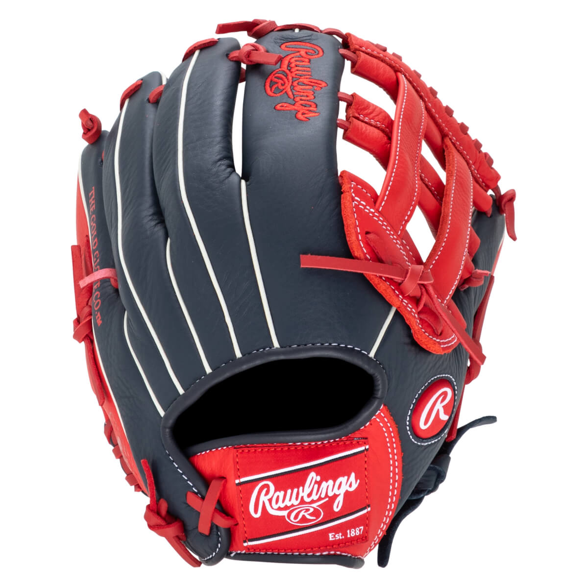 Front view of a navy and red Rawlings baseball glove with white stitching and "Rawlings" logo.