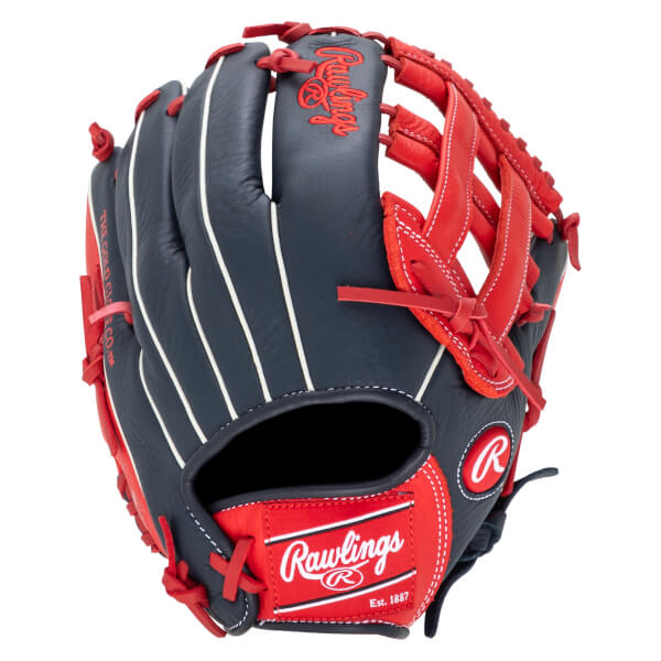 Front view of a navy and red Rawlings baseball glove with white stitching and "Rawlings" logo.