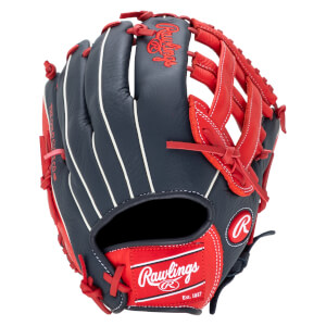 Front view of a navy and red Rawlings baseball glove with white stitching and "Rawlings" logo.