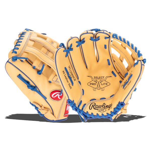 Front view of a tan Rawlings baseball glove with blue lacing, showing "SELECT PRO LITE" and "Bryce Harper".