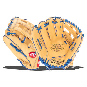 Front view of a tan Rawlings baseball glove with blue lacing, showing "SELECT PRO LITE" and "Bryce Harper".