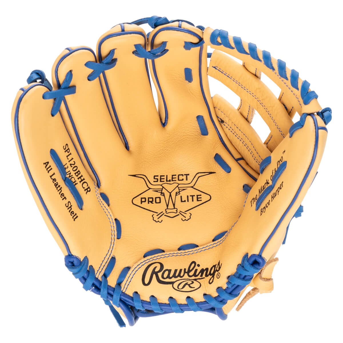 Top-down view of a tan baseball glove with blue lacing, featuring "Rawlings" and "SELECT PRO LITE" logos.