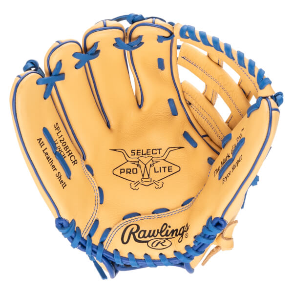 Top-down view of a tan baseball glove with blue lacing, featuring "Rawlings" and "SELECT PRO LITE" logos.