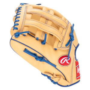Side view of a tan baseball glove with blue lacing and a red Rawlings logo.