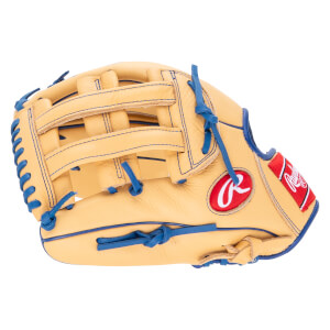 Side view of a tan baseball glove with blue lacing and a red Rawlings logo.