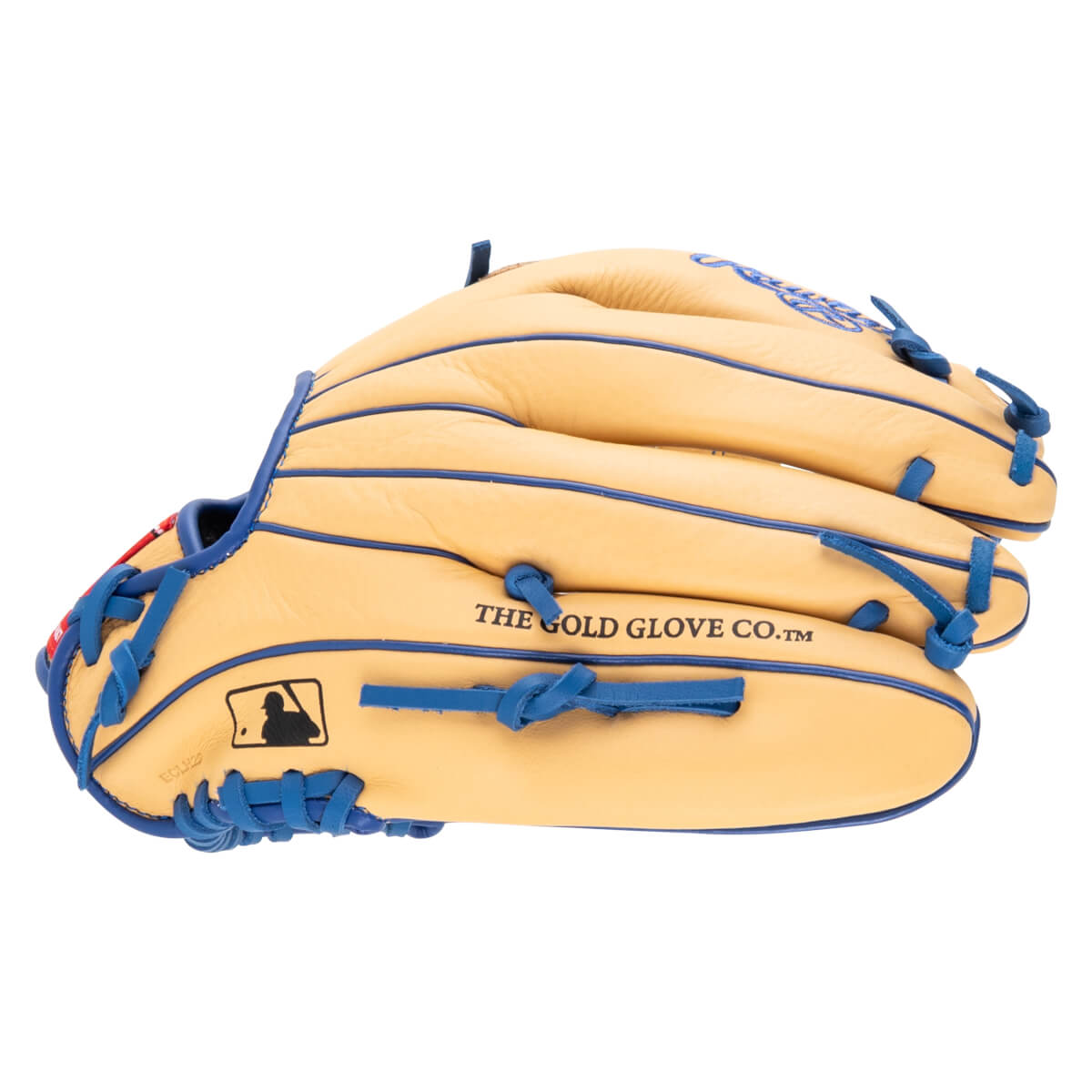 Side view of a tan baseball glove with blue lacing, featuring the MLB logo and "THE GOLD GLOVE CO.â„¢" text.