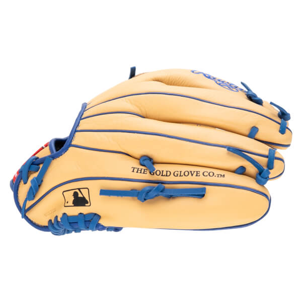 Side view of a tan baseball glove with blue lacing, featuring the MLB logo and "THE GOLD GLOVE CO.â„¢" text.