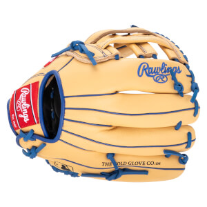 Front view of a tan Rawlings baseball glove with blue lacing and embroidered "Rawlings" logo.