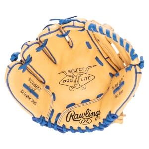 Top-down view of a tan baseball glove with blue lacing, showing the "SELECT PRO LITE" logo and "Rawlings" branding.