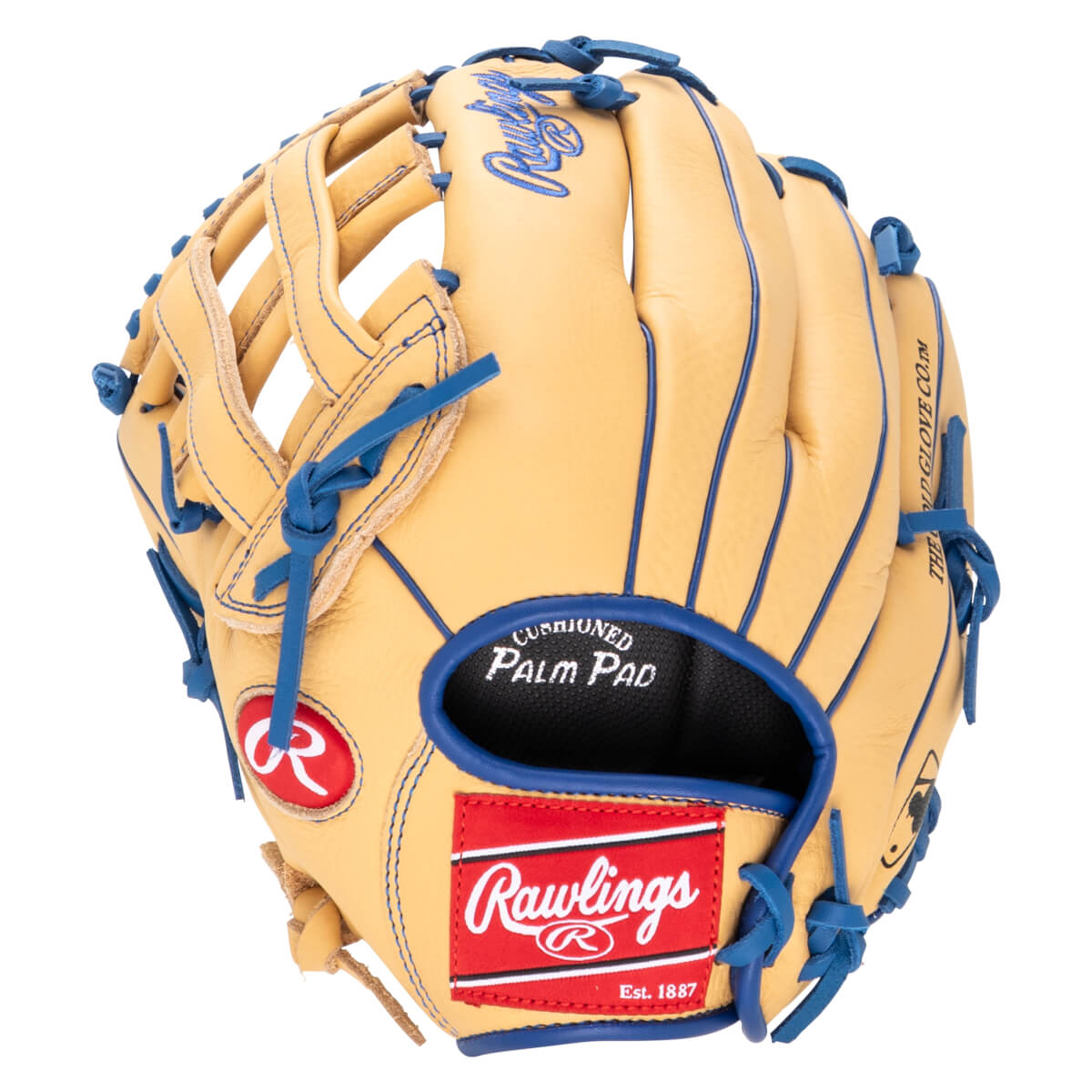 Front view of a tan baseball glove with blue lacing, featuring a red Rawlings logo and "CUSHIONED PALM PAD" text.