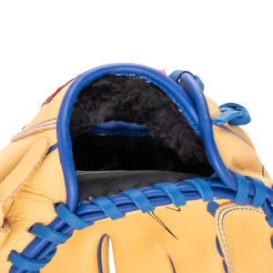 Close-up of the interior of a tan baseball glove with blue lacing and black lining.