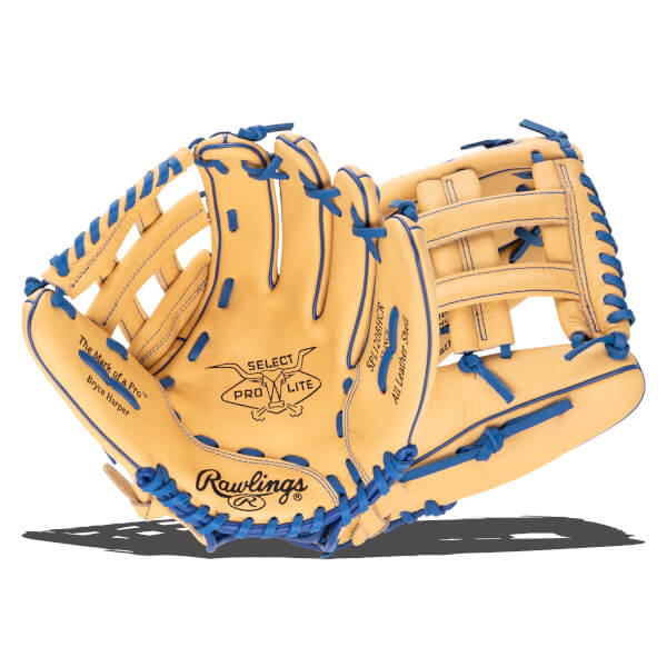 Front view of a tan baseball glove with blue lacing, featuring "Rawlings" and "Bryce Harper" text.