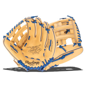 Front view of a tan baseball glove with blue lacing, featuring "Rawlings" and "Bryce Harper" text.