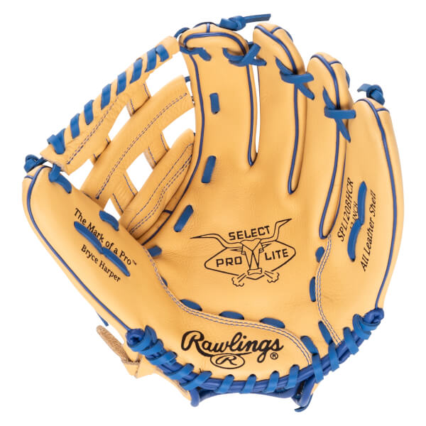 Front view of a tan baseball glove with blue lacing, featuring "Rawlings" and "Bryce Harper" text.