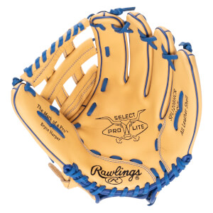 Front view of a tan baseball glove with blue lacing, featuring "Rawlings" and "Bryce Harper" text.