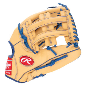 Front view of a tan baseball glove with blue lacing and a red Rawlings logo.