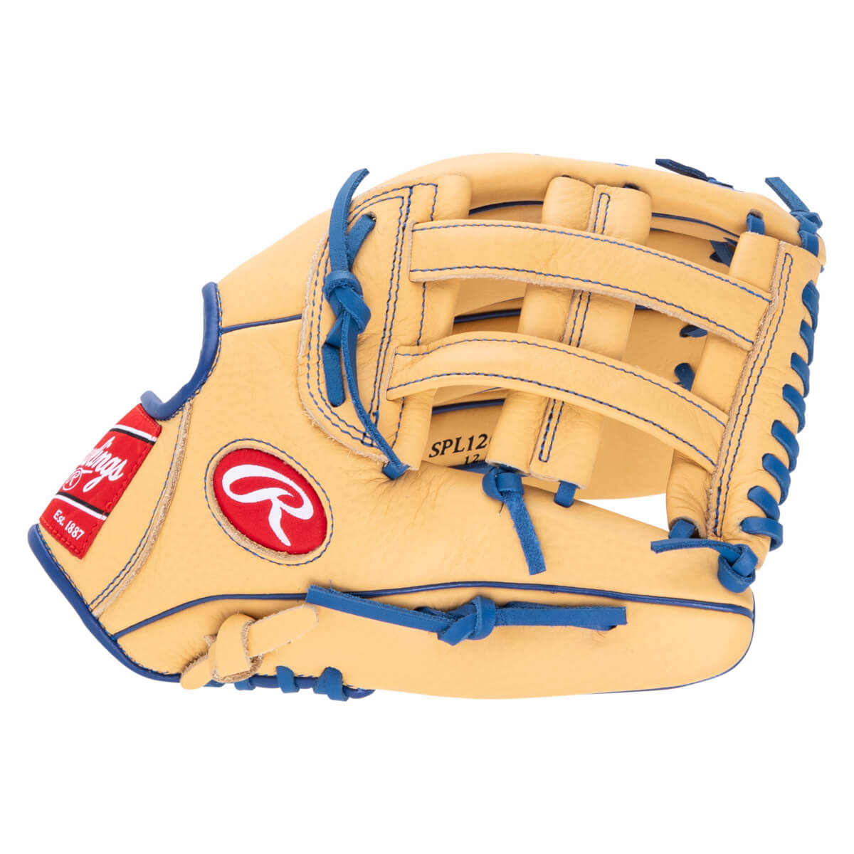 Side view of a tan Rawlings baseball glove with blue lacing and a red Rawlings logo.