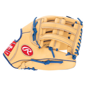 Side view of a tan Rawlings baseball glove with blue lacing and a red Rawlings logo.