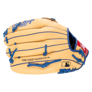 Side view of a tan baseball glove with blue lacing, featuring "Rawlings" and "THE GOLD GLOVE CO.â„¢" text.
