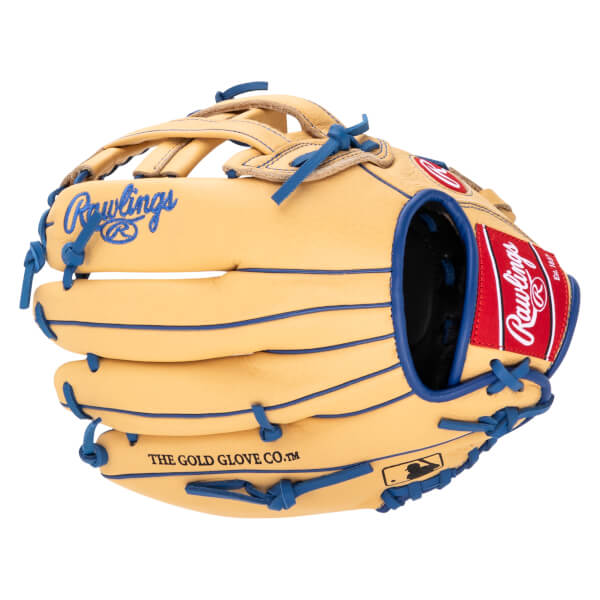 Front view of a tan Rawlings baseball glove with blue lacing and embroidered logos.