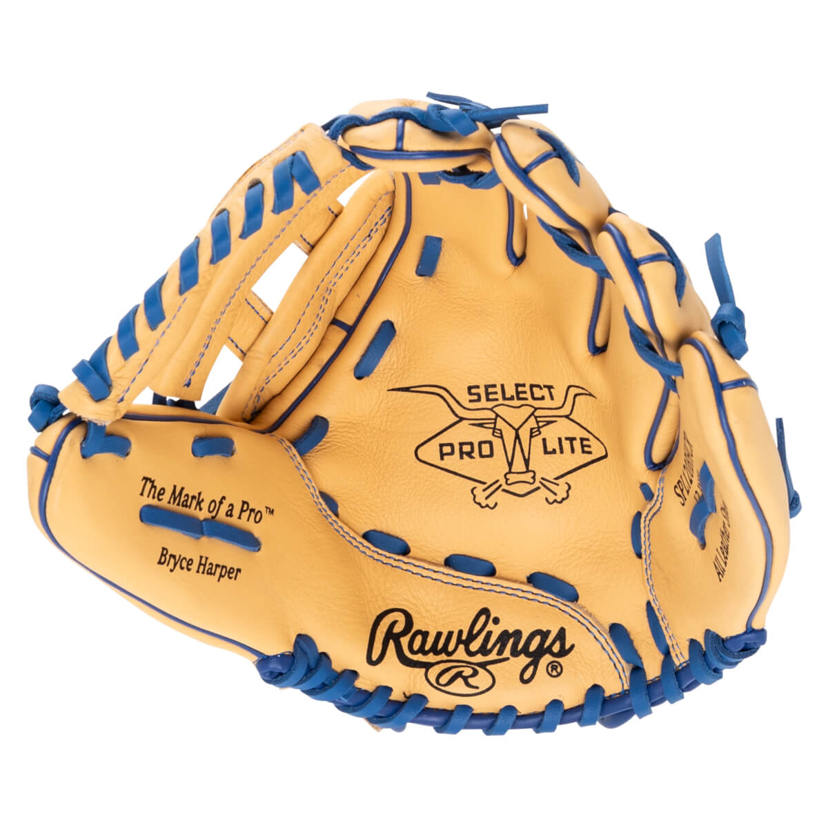 Front view of a tan baseball glove with blue lacing, featuring "Rawlings", "SELECT PRO LITE", and "Bryce Harper" text.
