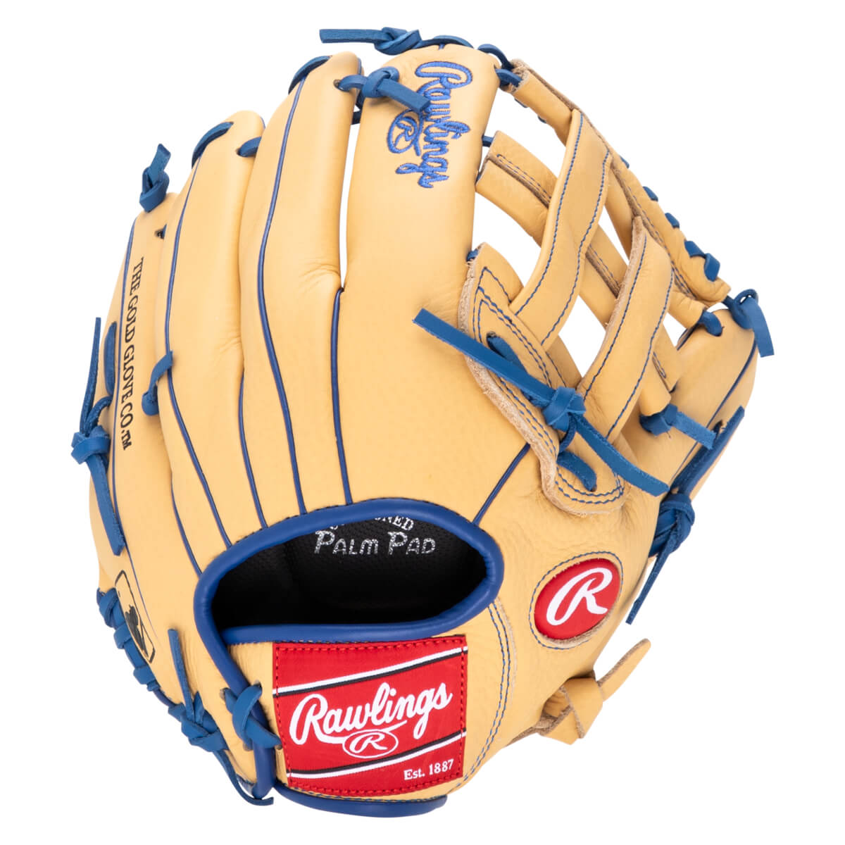 Top-down view of a tan baseball glove with blue lacing and a red Rawlings logo.
