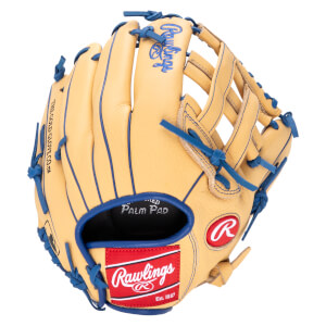 Top-down view of a tan baseball glove with blue lacing and a red Rawlings logo.