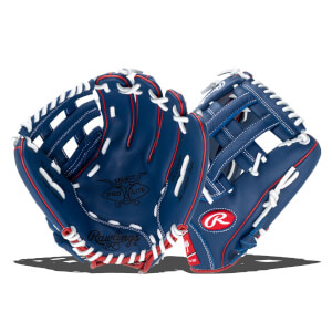 Front view of a blue Rawlings baseball glove with white and red lacing, showing the "SELECT PRO LITE" logo.